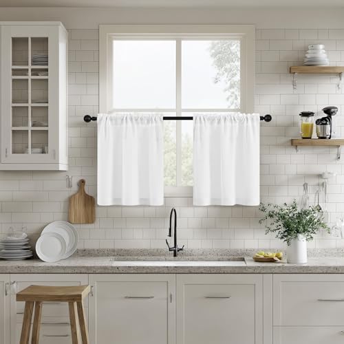 Short Linen Curtains 24 Inches Length for Kitchen Bathroom 2 Panels | Dual Rod Pocket, Privacy Semi Sheer Window Drapes, Light Filtering, White, Small Curtains, for Camper RV Cafe, W25xL24