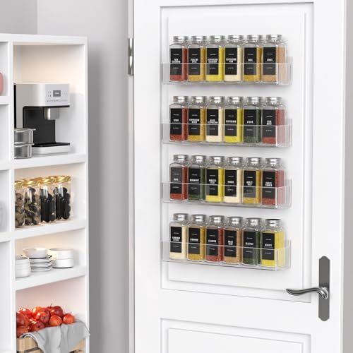 PMMASTO 2-Pack Clear Acrylic Self-Adhesive Spice Racks with 12 Empty Jars | Self-adhesive or Screw Mounting, 238 Spice Labels, Chalk Marker and Funnel, for Kitchen,Pantry Door And Bathroom Storage