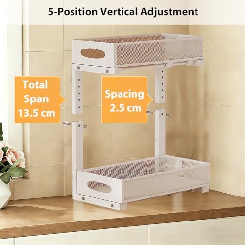 2 Pack Under Sink Organizer, 2-Tier Pull Out Kitchen Cabinet Organizer, Height Adjustable Metal Slide Out Bathroom Organizers and Storage Makeup Drawer Organizer for Office Bedroom(A-White, 2Pack)