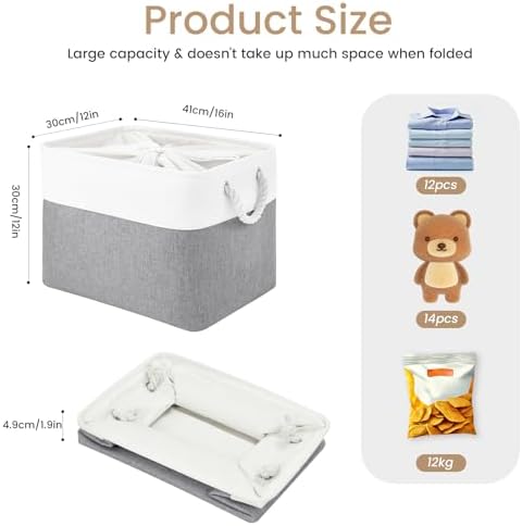 16x12x12 In Foldable Fabric Large Storage Bins with Handle 1 Pack | Storage Basket with Draw String Top, Sturdy Metal Strand, Cardboard Support Molding, for Shelf, Closet, Bedroom, White/Gray