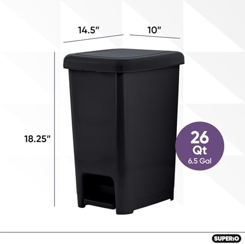 Superio Slim Step On Trash Can 6.5 Gallon, Black Waste Bin with Foot Pedal Lid 26 Liter, Kitchen, Under Desk, Office, Bedroom, Bathroom