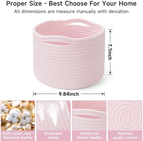 3 Pack Small Rope Storage Baskets, 9.82×9.82×7.1", Pink | Cotton Basket for Gifts Empty, Cute Round Woven Basket, Decorative Shelf Basket Organizer, Organizing Basket for Shelves