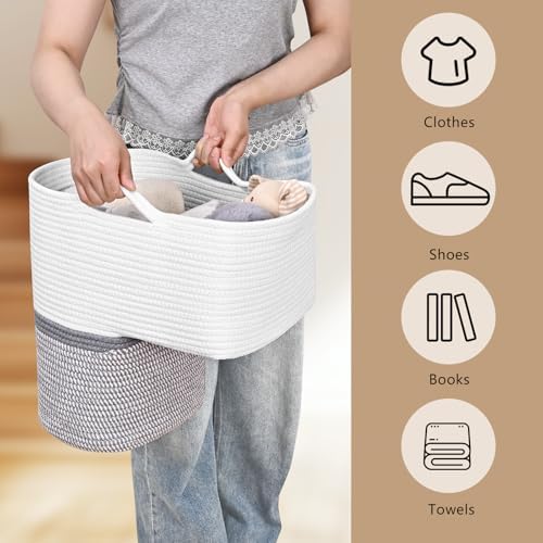 Woven Stair Basket, Stair Baskets for Wooden Stairs, Carpeted Stairs Storage Basket with Handles, Staircase Baskets for Toys, Books, Gray, 15” L x 10” W x 15” H