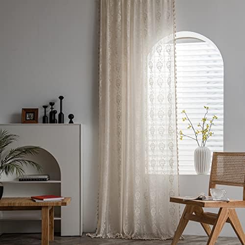 Sutuo Home Beige Boho Curtains for Bedroom Kid's Room,Bohemian Crochet Floral Embroidery Sheer Lace Curtains With Tassels Vintage Rustic Window Treatment Country Drape Rod Pocket 1 Panel 59" W x 90" L