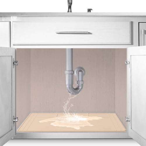 The Original Under Sink Mat - Silicone Waterproof mat, Trimmable, Easy to Clean, Kitchen cabinet liner, Under sink protector mats, Drip Tray with Lip (Beige, 31" x 22") or smaller