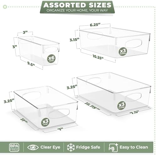 Sorbus Variety 15-Pack Clear Plastic Organizing Bins – Clear Bins for Organizing, Refrigerator Organizers, Fridge Organizer, Pantry Storage, Kitchen Organizer, and Pantry Organizers and Storage Bins