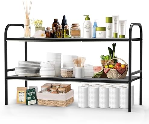 Expandable 2-Tier Under Sink Organizer, 8 Removable Plastic Boards, Tool-Free Installation (Black, 2-Tier 8 Boards)