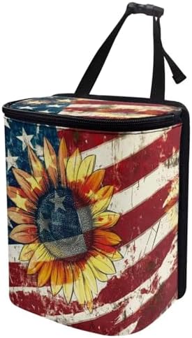 Sunflower American Flag Print Car Trash Can with Lid Car Accessories for Men Women Trash Bin Hanging Back of Seat Collapsible Leak Proof Multipurpose Vehicle Garbage Can