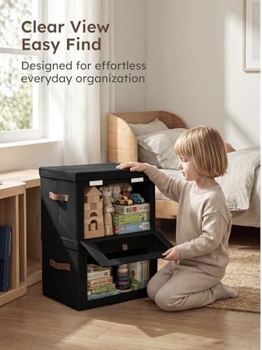 Homsorout Medium Fabric Storage Bins - Closet Shelf Organizer with Open Window, 3 Pack Closet Baskets for Shelves, Stackable Decorative Boxes for Home, Dorm, Black, 13.7" x 9.8” x 9.8"