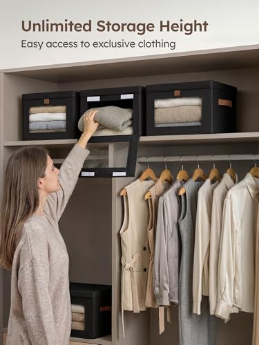 Homsorout Medium Fabric Storage Bins - Closet Shelf Organizer with Open Window, 3 Pack Closet Baskets for Shelves, Stackable Decorative Boxes for Home, Dorm, Black, 13.7" x 9.8” x 9.8"