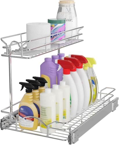 OCG Under Sink Cabinet Organizer Two Tier Pull Out Shelf (11.75W x 17D), Under Sink Sliding Shelf for Kitchen Bathroom Cabinet 2 Tier Chrome
