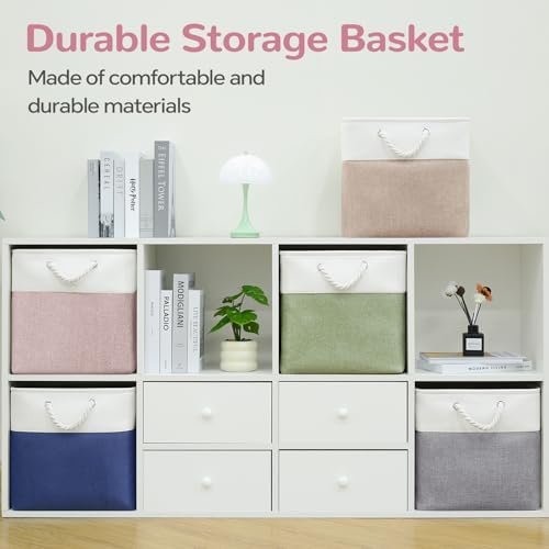 13x13 Inch Foldable Fabric Cube Storage Bins with Handles 6 Pack | Sturdy Metal Strand, Cardboard Support Molding, Storage Basket, Cube Storage Bin for Shelves, Closet, Bedroom, White/Pink