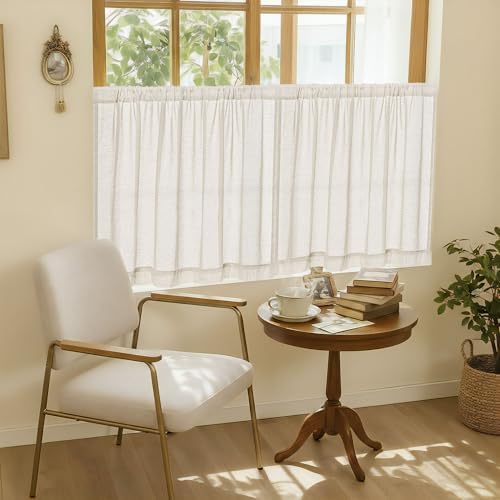 Beige Semi Sheer Linen Kitchen Curtains 24 Inch Length 2 Panels | Short Curtains, for Cafe Bathroom Basement Laundry Half Window, Rod Pocket Drapes, Privacy Light Filtering, 30Wx24L Inches