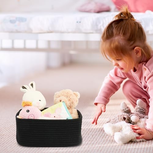 XUANGUO Small Woven Storage Baskets for Shelves, 13" x 9" x 5", Black | Decorative rope storage bins for closets and toy storage; cute organizer baskets, empty gift baskets and nursery storage.