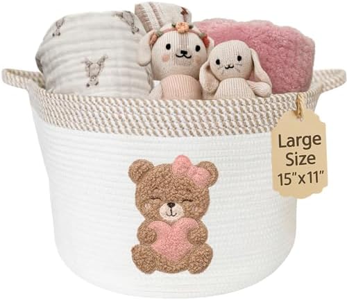 Pink Teddy Bear Baby Storage Basket, Cotton Rope Nursery Bin, 15x11 in | Stuffed Animal and Blanket Storage, Embroidered Bear Patch, Baby Girl Room Decor, Gift, Kids Playroom Organizer
