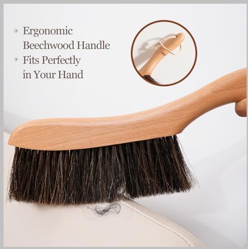 Natural Horsehair Bed Brush, Soft Bristle Dust Brush with Wood Handle, Hand Broom for Cleaning Bed, Furniture, Couch, Shelves, Car Interior, Clothes - Gentle on Delicate Surfaces