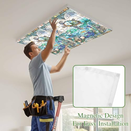 Vintage Window Grille Fluorescent Light Covers Turtle Coral Underwater World Magnetic Light Filters Ceiling Lighting Panel Shade for Classroom Office Home 2 x 4 ft, 3 Pack