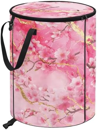 doginthehole Pink Marble Camping Trash Can Outdoor Peach Blossom Recycle Trash Can with Lid Large Garbage Storage Bag Large Oval Rubbish Bin for Camping Picnic Yard Beach, 22.83x17.71 in
