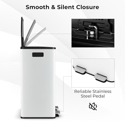 Goplus 16 Gallon/ (2x30L) Stainless Steel Trash Can, Kitchen Trash Bin w/Dual Removable Inner Buckets, Soft Closure & Step-on Pedal, Deodorizer Compartment, Garbage Bin for Recycling, White