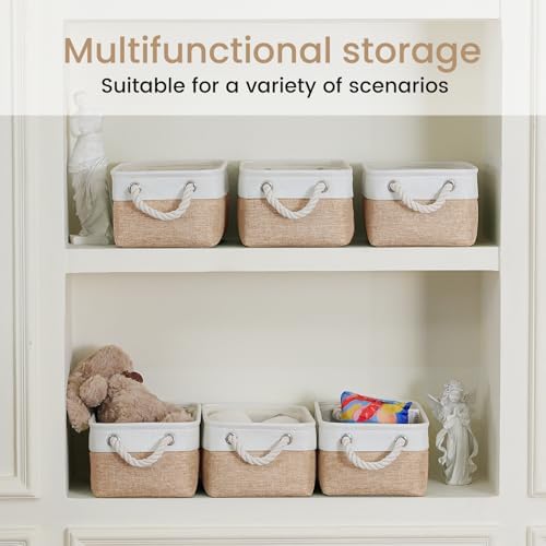 11.8x7.9x5.2 Inch Fabric Small Storage Bins with Handles 6 Pack | Foldable Storage Basket, Sturdy Metal Strand, Cardboard Support Molding, Small Baskets for Organizing, Shelves, White/Khaki