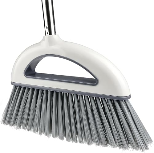 Angle Broom for Hardwood Floors - Soft Bristled Kitchen Broom, Indoor & Office Use (Off White)