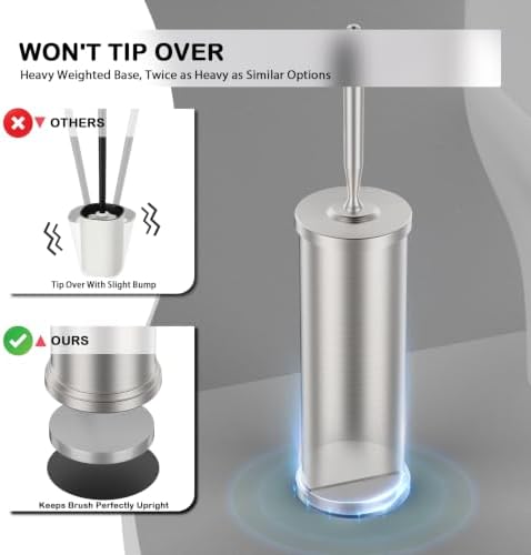 Stainless Steel Toilet Bowl Brush and Holder Set Scrubber Nickel | Weighted Stable Base Removable Inner Tube Toilet Bowl Brush Splash-Proof Design for Deep Cleaning Space Saving Storage