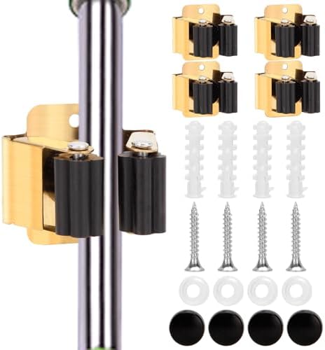 4pcs Anti-Slip Broom and Mop Holder,Wall Mounted Utility Rack with Screws,Stainless Steel Heavy Duty Mop and Broom Hanger,Space-Saving for Kitchen,Home,Bathroom,Garden,Garage Storage.Gold