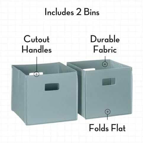 RiverRidge Folding Storage Bins - 2-pack of 10in Tall Sea Green Cubes | Fabric Bins, Set of 2 Storage Cubes, Cut-out Handles, Playroom Closet Organizer, Collapsible Cubby with Bottom Board Insert