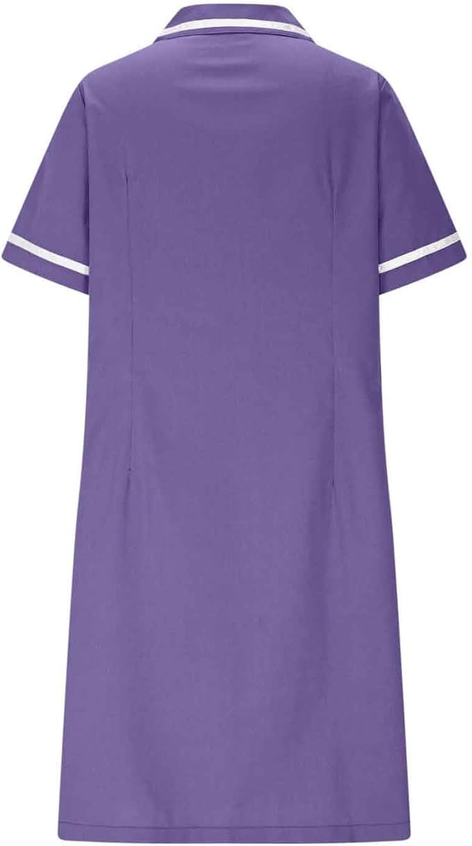 Women's Short Sleeve Work Dress Lapel Button Front Nursing Workwear Casual Housekeeping Scrubs Dress with Pockets