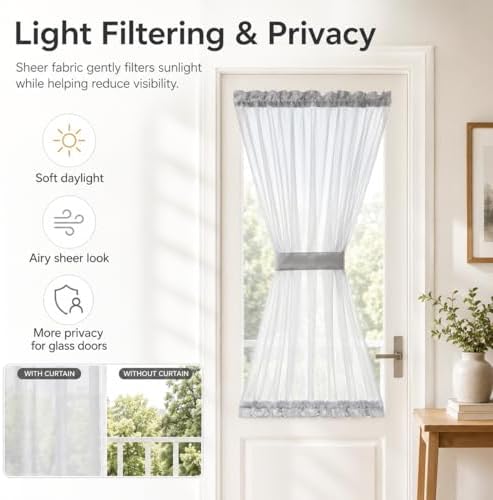 Aquazolax Kitchen Sheer Door Curtains Set of 2 for Small Glass Window, Door Curtain Panels for Front/French/Doorway/Sidelight Windows with Tieback, 25x40 Inches Grey