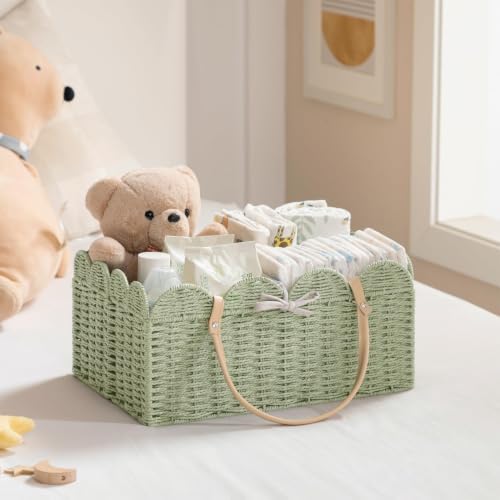 HBlife Large Baby Diaper Caddy, Paper Rope Scalloped Storage Baskets Nursery Bin with Removable Divider, Portable Car Organizer for Diapers, Baby Shower Gifts, Newborn Essentials Must Haves, Green