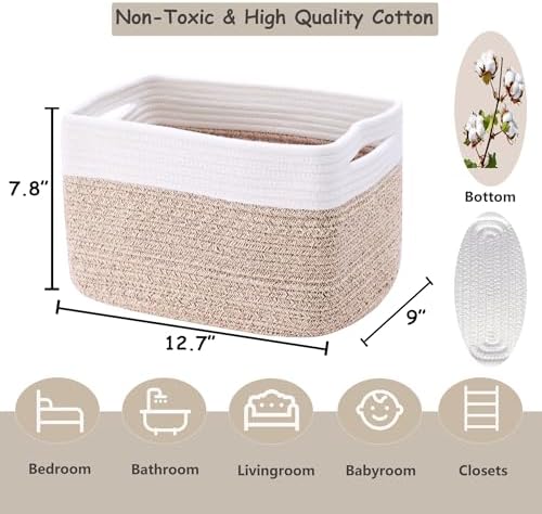 4 Pack Storage Baskets for Organizing Woven Baskets for Shelves | Cotton Rope Rectangle Storage Basket Bins for Bedroom & Living Room 12.7''Lx9''Wx7.8''H, Brown & White