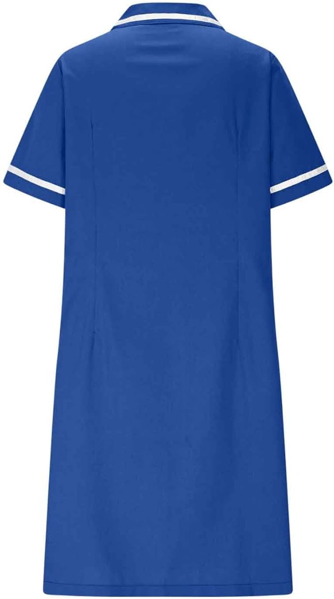 Women's Short Sleeve Work Dress Lapel Button Front Nursing Workwear Casual Housekeeping Scrubs Dress with Pockets