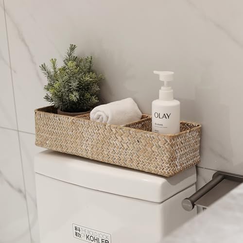 Seagrass Storage Basket 3 Sections Woven Shelf Baskets with Compartment (Whitewash, 14.6inch x 4.7inch x 3.1inch)