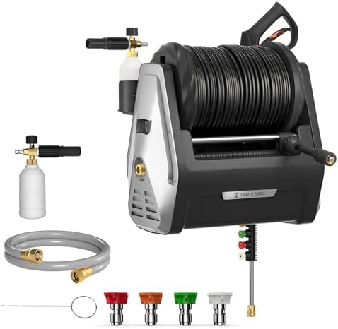 Giraffe Tools Wall Mounted Pressure Washer Essential 100FT with 1800W Motor | 2900 PSI 2.2 GPM Electric Power Washer with Retractable Hose, Automatic Rewind, 4 Nozzles, Foam Cannon for Cars/Fences/Patios