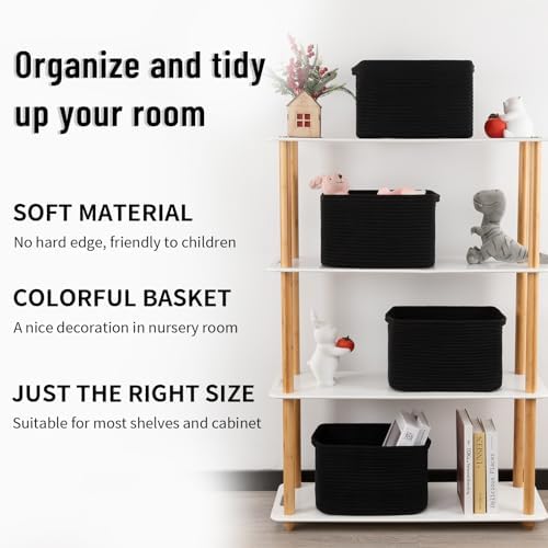 4 Pack Storage Baskets for Organizing Toys, Towels, and Clothes, Woven Basket for Shelves, Sturdy Nursery Cube Bins for Storage, 13''L x9''W x7.8''H, Black