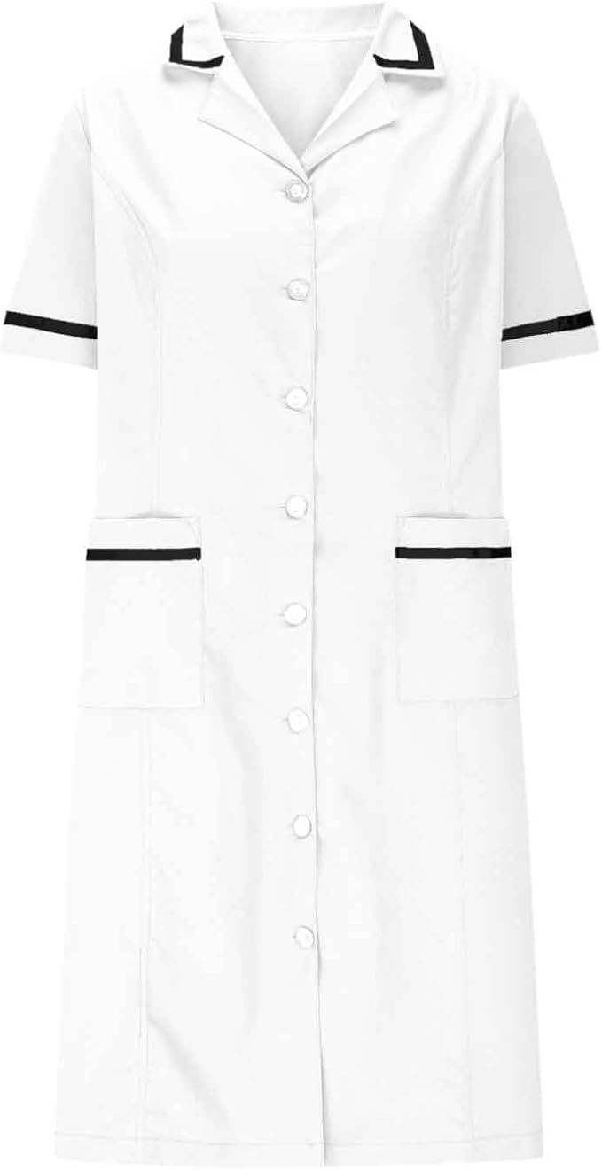 Women's Short Sleeve Work Dress Lapel Button Front Nursing Workwear Casual Housekeeping Scrubs Dress with Pockets