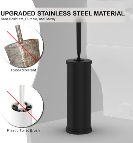 Stainless Steel Toilet Bowl Brush and Holder Set Scrubber Black | Weighted Stable Base Removable Inner Tube Toilet Bowl Brush Splash-Proof Design for Deep Cleaning Space Saving Storage