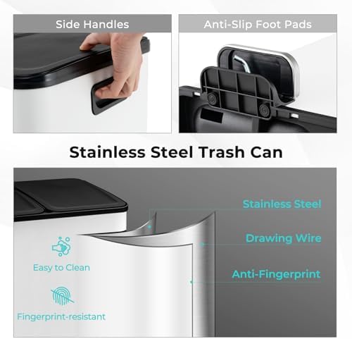Goplus 16 Gallon/ (2x30L) Stainless Steel Trash Can, Kitchen Trash Bin w/Dual Removable Inner Buckets, Soft Closure & Step-on Pedal, Deodorizer Compartment, Garbage Bin for Recycling, White