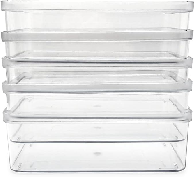 Isaac Jacobs 5-Pack Small Clear Storage Bins (5.5” L x 7.75” W x 2.5” H) | Cutout Handles, Plastic Organizer for Home, Kitchen, Fridge, Desk, Bathroom, Drawers, BPA Free, Food Safe (5-Pack, Small)