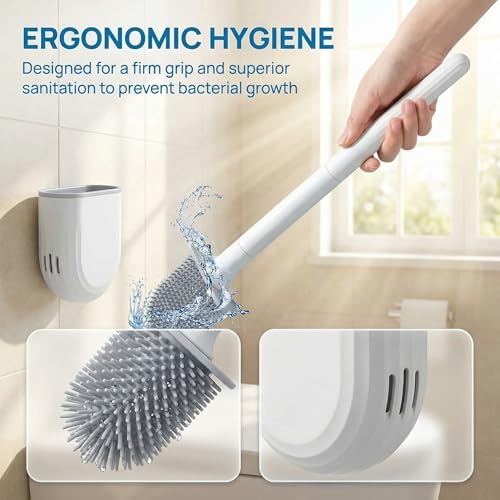 RV Silicone Toilet Brush with Holder, Drill-Free Wall Mounted Toilet Bowl Cleaner, Anti-Drip Anti-Roll Compact Brush for RV Camper & Small Bathroom (White)