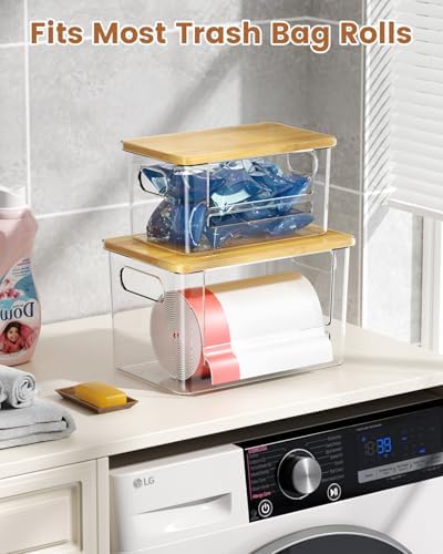 Trash Bag Dispenser 2 Pack, Stackable Trash Bag Holder with Bamboo Lid – Clear Plastic Garbage Bag Organizer for 4-33 Gal Bags, Space-Saving Under Sink Organizer for Kitchen, Laundry, Pantry