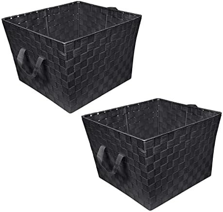 Simplify Large Woven Strap Tote | Decorative Storage Basket | 2 Handles | Organization | Closet | Bedroom | Bathroom | Nursery | Accessories | Toys | Gifts | 2 Pack | Black
