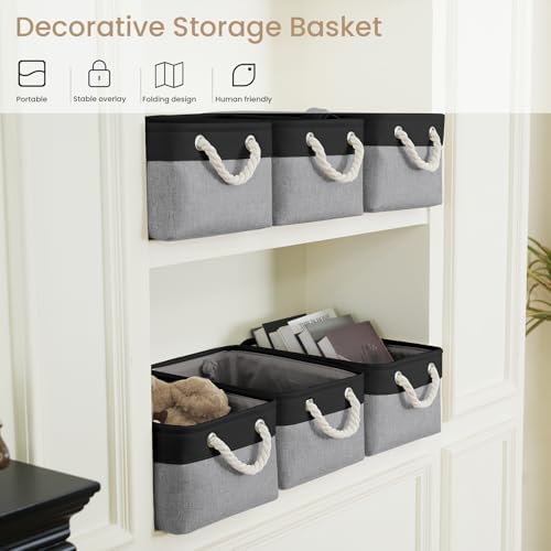 13.8x9.8x6.7 Inch Fabric Small Storage Bins with Handles 3 Pack | Foldable Storage Basket, Sturdy Metal Strand, Cardboard Support Molding, Small Baskets for Organizing, Shelves, Black/Gray