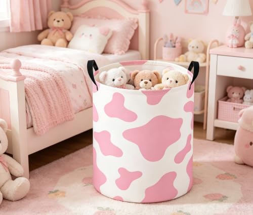 Baby Laundry Basket Baby Nursery Hamper Kids Laundry Basket Toy Storage Bin for Boys Room Decor Gift Baskets for Bedroom Bathroom(Pink Cow)