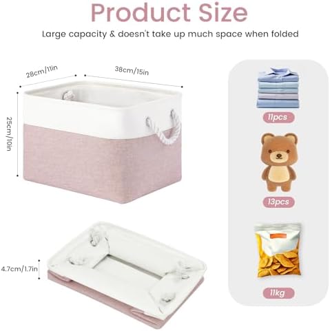 15x11x10 In Foldable Fabric Large Storage Bins with Handle 6 Pack | Organizer Baskets, Sturdy Metal Strand, Cardboard Support Molding, Storage Baskets for Shelves, Closet, Bedroom, White/Pink