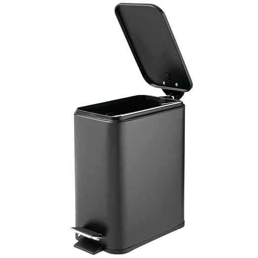 mDesign Slim Metal Rectangle 1.3 Gallon/5 Liter Trash Can with Step Pedal, Easy-Close Lid, Removable Liner - Narrow Wastebasket Garbage Container Bin for Bathroom, Bedroom, Kitchen - Black