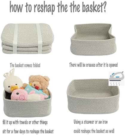 XUANGUO Small Woven Storage Baskets for Shelves, 13" x 9" x 5", Gray | Decorative rope storage bins for closets and toy storage; cute organizer baskets, empty gift baskets and nursery storage.