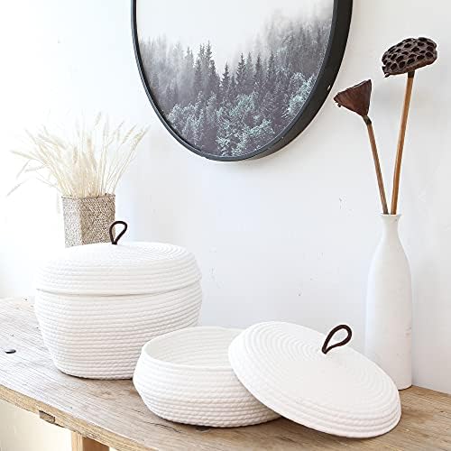 Sea Team Round Woven Cotton Rope Storage Basket with Lid, White | Lidded Knitted Decorative Storage Bin, Pot, Caddy, Organizer, Container for Snacks, Towels, Plants, 13 x 9 Inches