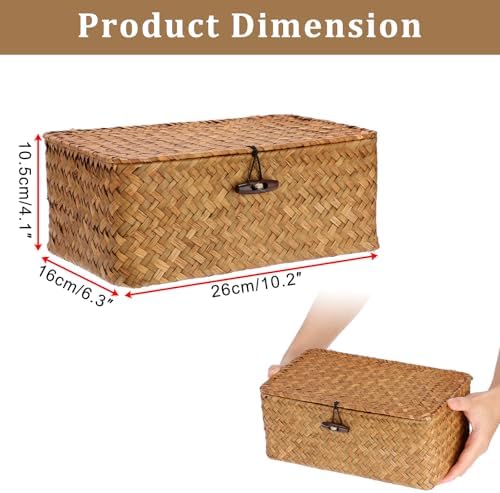 Sumnacon Wicker Basket with Lid, Rectangle Woven Tampon Holders, Caramel | Natural Seagrass Female Product Organizer for Toiletries Pad Tampon Storage,Farmhouse Woven Baskets for Shelf, Toilet Tank